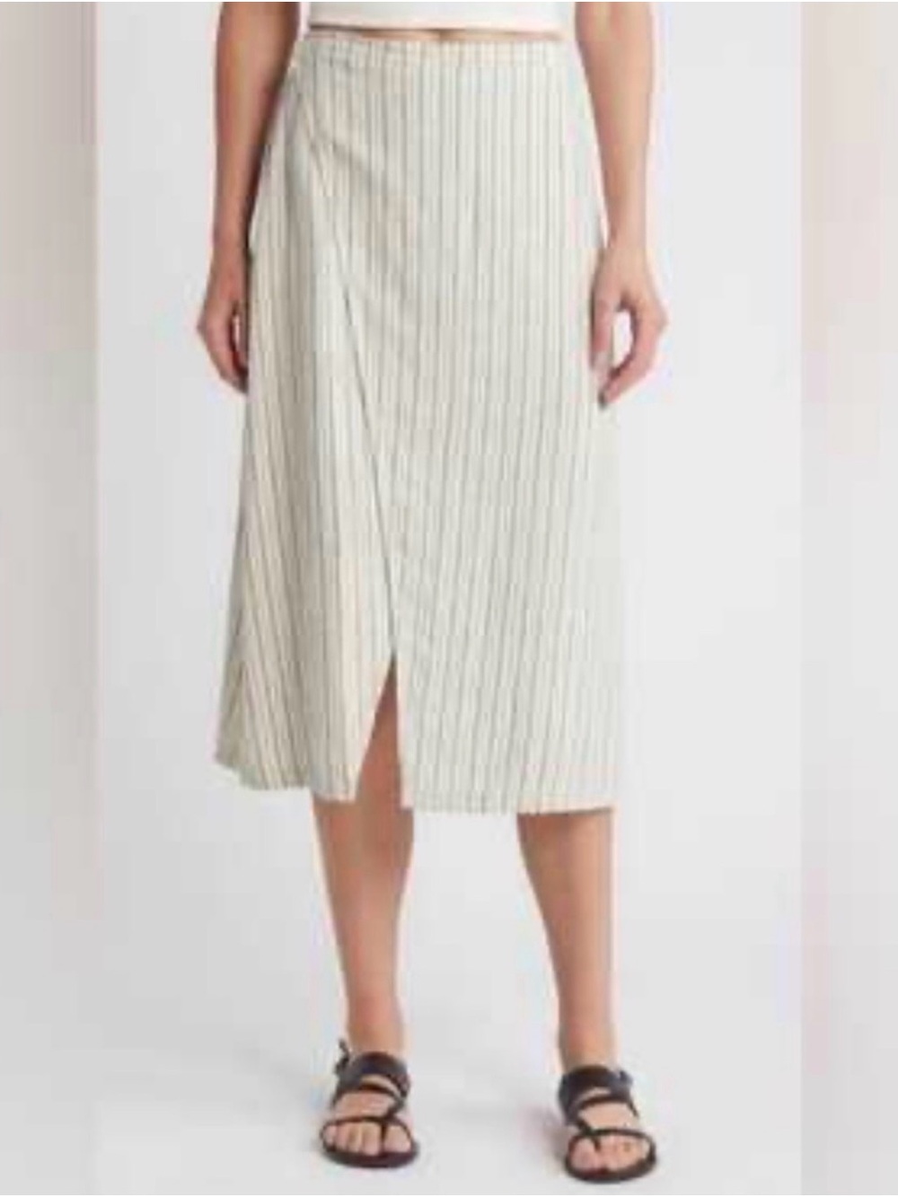 Treasure & Bond Cream Pinstripe Linen Blend Midi Skirt with Front Slit